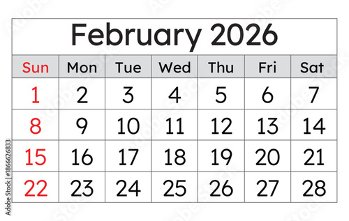 February 2026 calendar. Vector English monthly calendar page. Winter month