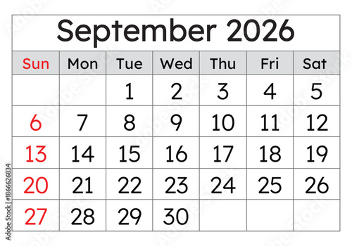 September 2026 calendar. Vector English monthly calendar page. Autumn month