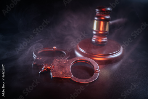 Wallpaper Mural Gavel and handcuffs on a dark surface surrounded by smoke, symbolizing justice and law enforcement, creating a dramatic and intense atmosphere for legal themes Torontodigital.ca