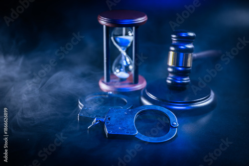 Wallpaper Mural Hourglass and handcuffs beside a gavel, surrounded by smoke and blue lighting, symbolizing justice, time, and the legal system in a dramatic composition Torontodigital.ca