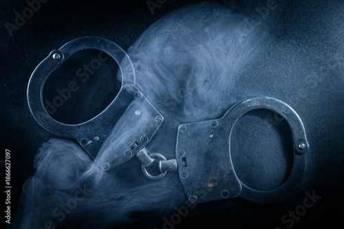 Wallpaper Mural Metallic handcuffs resting on a dark surface, surrounded by swirling smoke, creating a dramatic and intense atmosphere, symbolizing restraint and law enforcement themes Torontodigital.ca