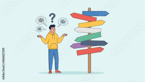 Confused man standing at crossroads. Many directional arrows. Decision paralysis concept. Business choice dilemma. Person thinking which way to go. Uncertainty and doubt vector.