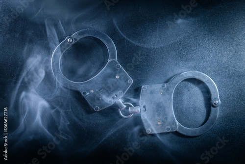 Wallpaper Mural Metallic handcuffs resting on a dark surface, surrounded by swirling smoke, creating a dramatic and mysterious atmosphere, symbolizing law enforcement and justice themes Torontodigital.ca