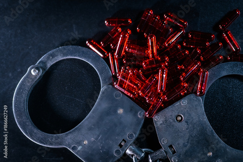 Wallpaper Mural Handcuffs resting on a dark surface, surrounded by vibrant red capsules, symbolizing themes of crime, justice, and the consequences of substance use in a dramatic composition Torontodigital.ca
