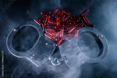 Wallpaper Mural Handcuffs resting on a dark surface, surrounded by red capsules, with smoke swirling around, creating a dramatic and mysterious atmosphere of confinement and temptation Torontodigital.ca