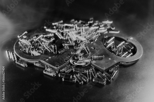 Wallpaper Mural Handcuffs resting on a dark surface surrounded by scattered capsules, creating a dramatic contrast and evoking themes of crime, justice, and consequence in a monochrome setting Torontodigital.ca