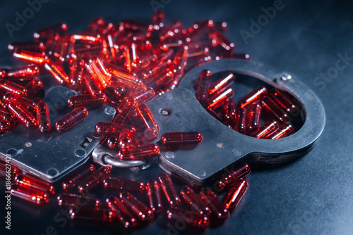 Wallpaper Mural Handcuffs resting on a dark surface surrounded by scattered red capsules, symbolizing themes of crime, addiction, and the consequences of substance abuse in a dramatic composition Torontodigital.ca