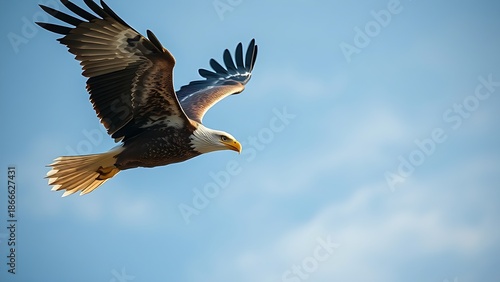 subjugating. Eagle soaring high in clear sky with sharp gaze focused on ground movement. wildlife magazines, conservation campaigns, designed for wildlife conservation campaigns.