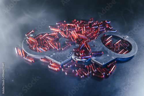 Wallpaper Mural Metallic handcuffs resting on a dark surface surrounded by scattered red capsules, creating a dramatic and intriguing visual narrative about crime and justice themes Torontodigital.ca