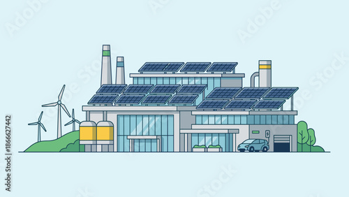 Solar panels on modern factory roof. Industrial renewable energy concept. Photovoltaic power plant. Eco friendly manufacturing building. Green electricity. Sustainable warehouse vector.