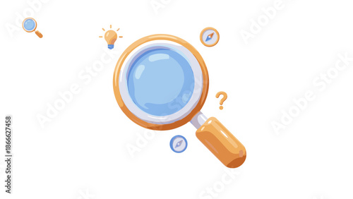 Modern 3D magnifying glass icon. Search and discovery concept. Glossy plastic loupe. Zoom lens for research. Investigation tool to find and focus. Cartoon vector illustration.