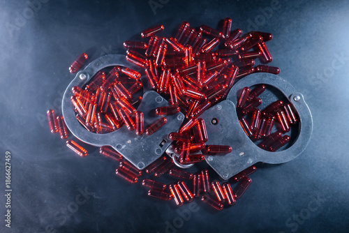 Wallpaper Mural Handcuffs resting on a dark surface surrounded by scattered red capsules, creating a striking visual contrast that symbolizes crime and substance use issues in society Torontodigital.ca