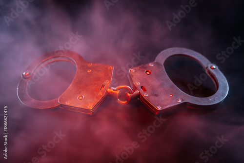 Wallpaper Mural Metallic handcuffs placed on a dark surface, surrounded by swirling smoke in shades of red and purple, creating a dramatic and intense atmosphere of confinement and tension Torontodigital.ca