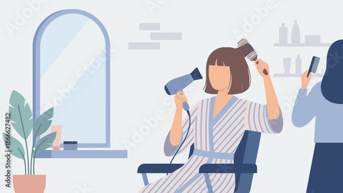 Woman blow drying hair in beauty salon with hairdryer and round brush. Hair styling and haircare concept. Flat vector illustration of female character at mirror. Morning beauty routine.