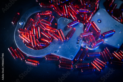Wallpaper Mural Handcuffs resting on a dark surface surrounded by numerous red capsules, creating a striking visual contrast that symbolizes crime and substance use in a dramatic setting Torontodigital.ca