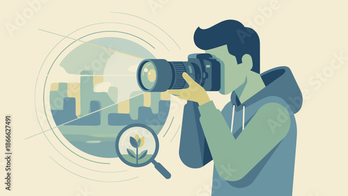 Photographer holding camera. Focus perspective concept. Creative vision. Man taking picture. Digital photography. Zoom lens capture. Observation detail. Flat vector illustration.