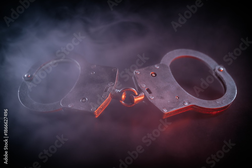 Wallpaper Mural Metallic handcuffs are displayed on a dark surface, surrounded by swirling smoke, creating a dramatic atmosphere that evokes themes of law enforcement and justice Torontodigital.ca
