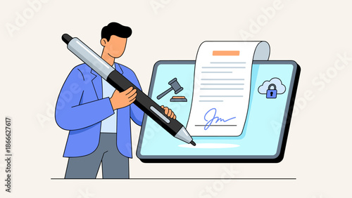 Electronic signature concept. Person holding giant pen signing digital document. Business contract. E-signing technology. Flat vector illustration. Paperless deal. Verification.