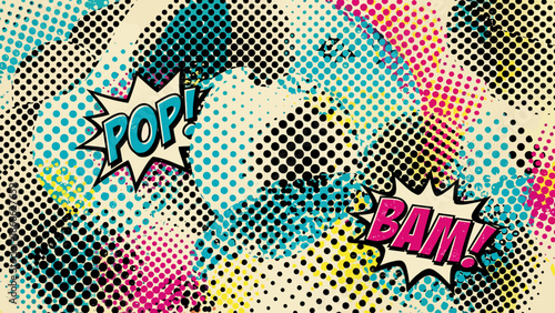 Pop art comic background. Halftone dots pattern. Retro speech bubbles with Bam and Pop text. Grunge texture. Abstract vintage vector illustration. Vibrant chaotic design. Cartoon art.