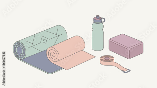 Stylized yoga mat with rolled towel and water bottle. Yoga studio equipment set. Flat vector illustration. Fitness accessories for workout. Gym sport concept. Pilates. Wellness.