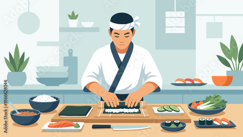 Professional sushi chef rolling makizushi on bamboo mat. Japanese cuisine concept. Male cook preparing asian food. Flat vector illustration. Seafood restaurant. Culinary art. Fresh.