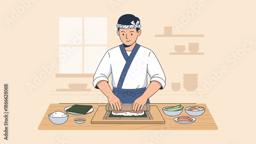 Japanese sushi chef preparing fresh food. Male cook rolling maki with bamboo mat. Asian cuisine concept. Professional restaurant worker. Flat vector illustration. Culinary art.