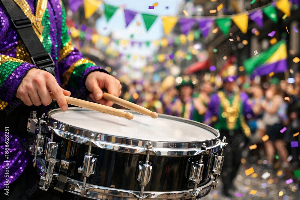 Naklejka premium Mardi gras celebration with drummers and colorful flags on a vibrant street scene. concept of festive parade, musical performance, cultural festival
