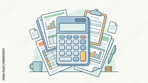 Financial accounting concept. Large calculator with documents, charts and reports. Tax preparation, bookkeeping and auditing. Business finance vector illustration. Budget analysis
