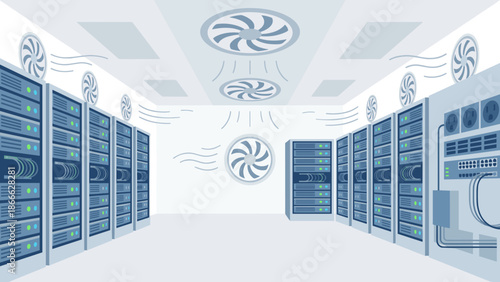 Data center server room with cooling fans. Flat vector illustration. Cloud computing infrastructure. Web hosting hardware racks. Network storage system. Digital database technology.
