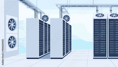 Server room with cooling fans. Data center infrastructure. Flat vector illustration. Cloud computing storage. Web hosting farm. Digital technology. Big data warehouse. Network rack.