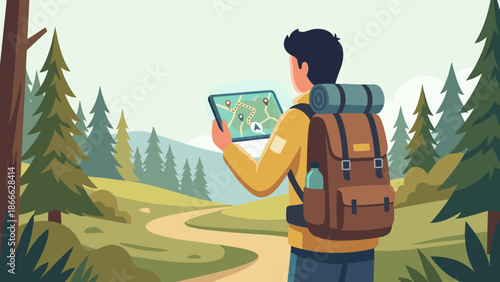 Hiker with backpack looking at tablet map in forest. Digital navigation concept. Tourist finding way on path in woods. Trekking adventure with modern gadget. GPS route. Travel vector.