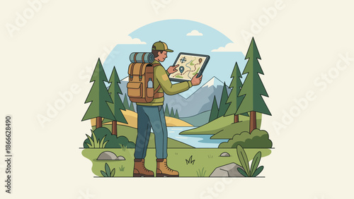 Hiker using tablet map for navigation in forest. Backpacker holding gadget. Adventure travel concept. Outdoor trekking tourism. Technology in wilderness. GPS route finder application.