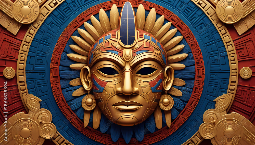 Obraz premium Intricate golden Aztec mask with feathered headdress and circular patterned background