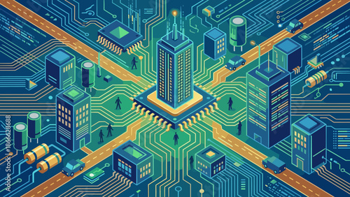 Stylized circuit board city background. Smart city technology concept. Urban digital infrastructure. Flat vector illustration. Futuristic network connectivity. Electronic town map.