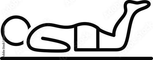 Simple line art icon illustrating a person in a prone position, ideal for depicting exercises and physical therapy