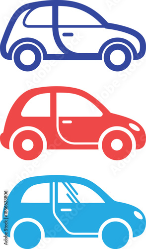 Three Cartoon Cars Lined Up In A Row, Blue Red And Blue