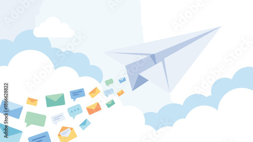 Paper plane flying sky. Email marketing concept. Sending messages. Newsletter distribution. Digital communication. Fast mail delivery. Chat bubbles trail. Business concept vector.