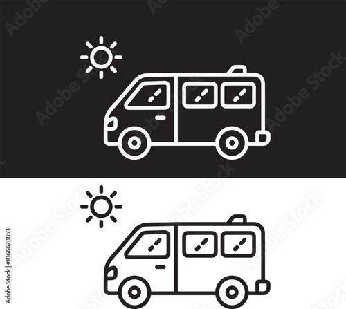 Clean line drawing icon of a camper van with a sun, perfect for illustrating summer road trips and adventure travel concepts