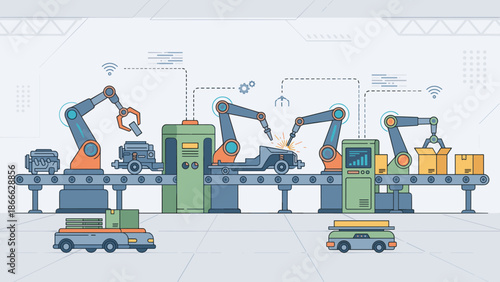 Automated factory assembly line with robotic arms. Smart manufacturing industry concept. Industrial robot technology. Modern production plant conveyor belt. Engineering machine system