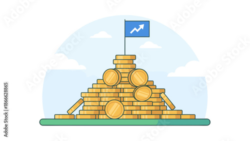 Large stack of gold coins forming a mountain with flag on top. Financial peak success concept. Wealth accumulation and investment profit growth. Business goal achievement vector.