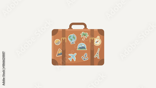 Brown vintage leather suitcase with travel stickers. World travel concept. Flat vector illustration. Tourism vacation baggage. Adventure journey luggage. International holiday trip.