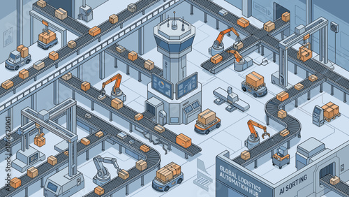 Isometric logistics warehouse automation. Robots sorting packages on conveyor belts. Smart factory distribution center. Industrial supply chain. Ecommerce shipping system concept.