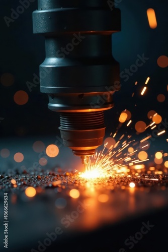 Gleaming metal parts, sparks fly, precision milling in action , light, industry, energy