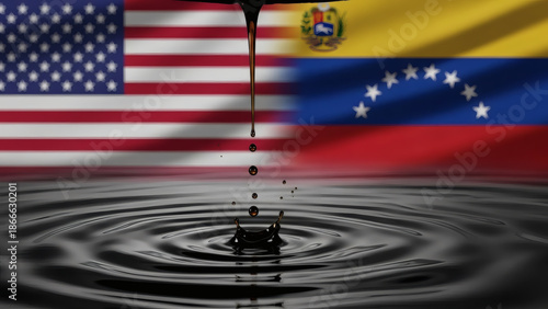 US and Venezuela flags with oil drops falling into rippling black liquid