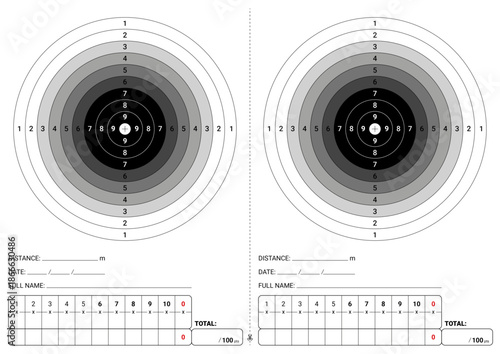 Blank A4 paper shooting target template with two bullseyes, scoring rings, fields for distance, date, name, and 10-shot score table (total /100 pts). Ideal for training scorecard.
