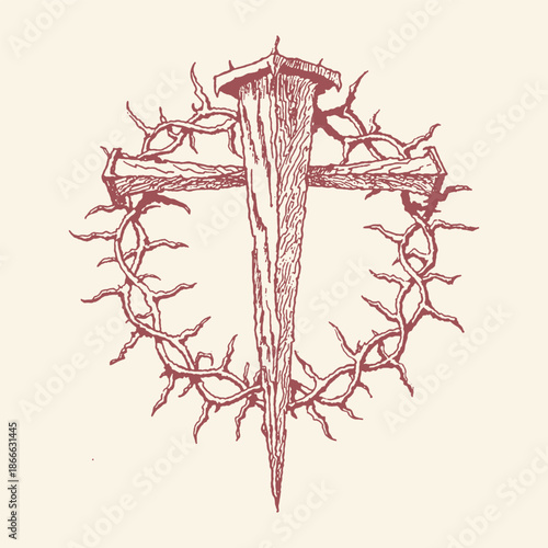 Artistic sketch of a Roman nail forming a cross shape, adorned with a crown of thorns, symbolizing sacrifice and religious devotion.