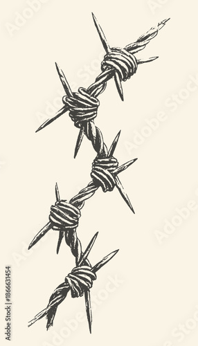 Grungy, textured illustration of a vertical strand of barbed wire with sharp spikes against a neutral background, conveying a sense of danger and restriction.