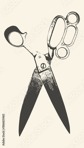 Vintage open scissors, graphic illustration in black and white, symbolizing cutting, tailoring, or change, against a plain cream background.