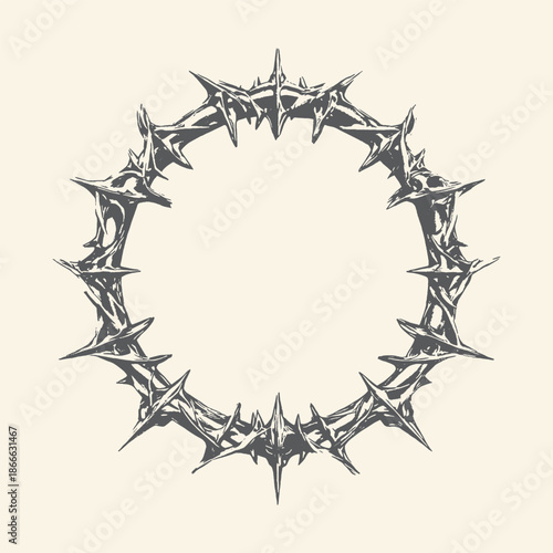 Black and white thorny crown of thorns symbol, representing sacrifice, suffering and religious concepts, isolated on a cream background.