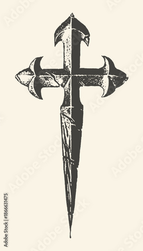 Vintage illustration of the Cross of Saint James, a symbol of faith, pilgrimage, and history, rendered in a dark, textured, graphic style.
